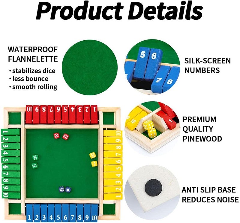Nicecho Shut The Box Dice Game,2-4 Player Family Wooden Board Table Math Games for Adults and Kids, 8 Dices Classics Games for Classroom,Home,Party or Pub - Image 3